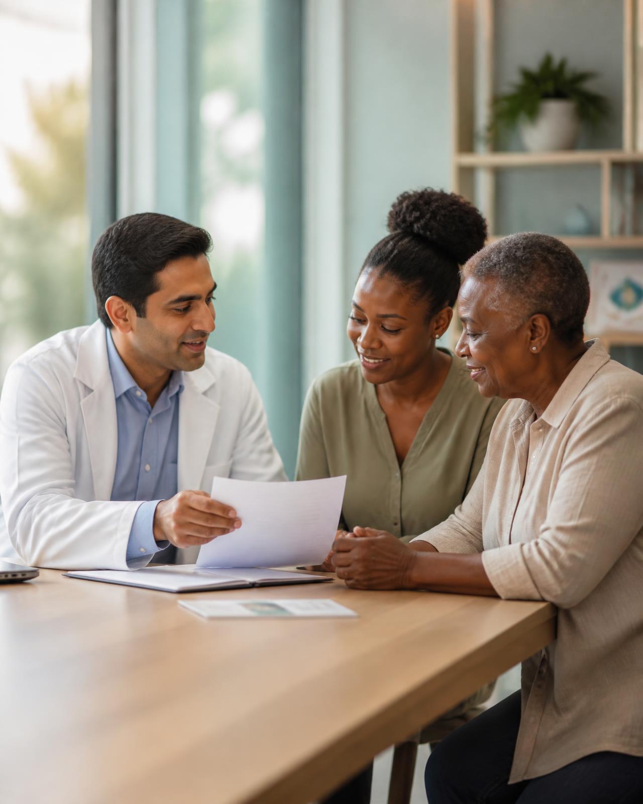 An Indian doctor reviewing treatment options with an African mother and daughter